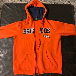 Denver Broncos orange zip up sweatshirt.A few small holes on the back.